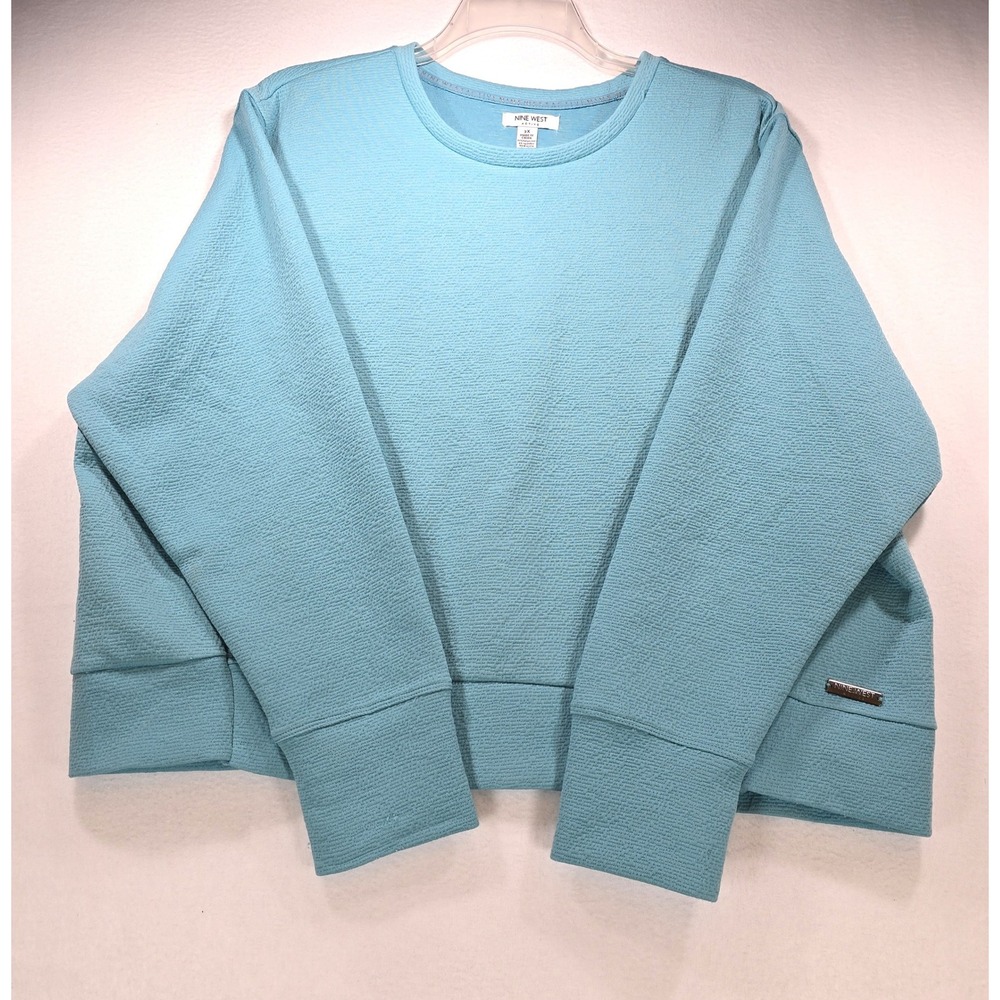 Nine West Active Womens 2X Turquoise Blue Textured Pullover Sweatshirt Thumbhole